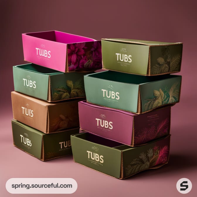 Stacked pink and green rectangular boxes with nature-themed designs.