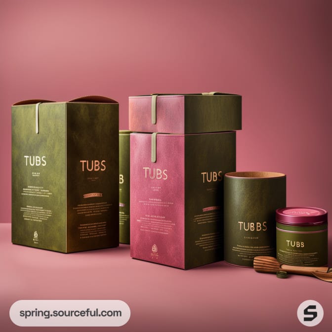 Green and pink tall boxes with cylinder packs and wooden utensils on a pink background.