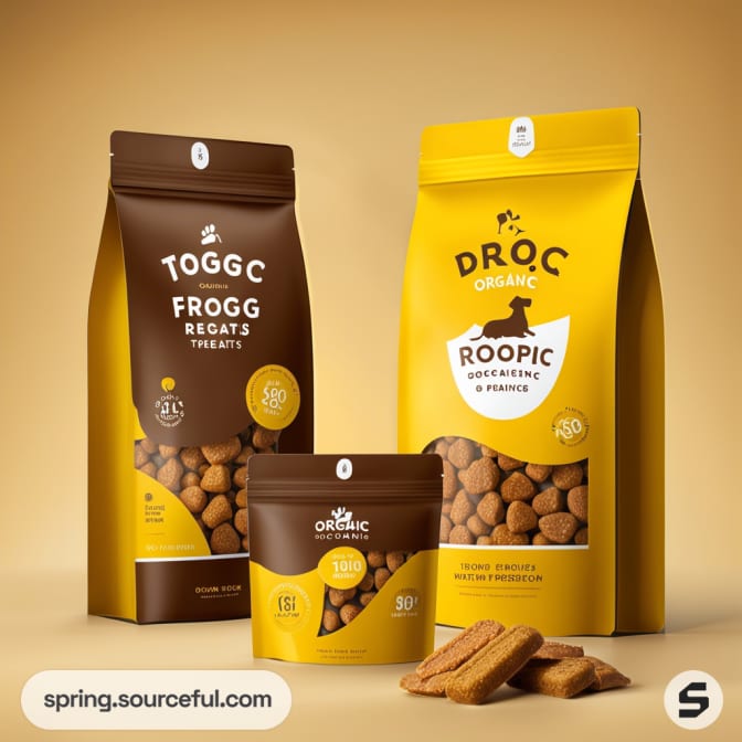 Dog treats in brown and yellow resealable pouches on a beige background.