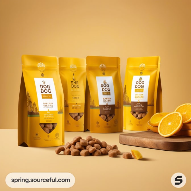 Four yellow and brown dog treat bags with orange slices on a beige background.