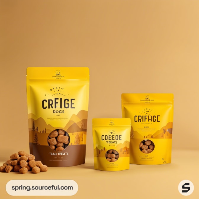 Three yellow and brown dog treat bags with treats scattered on a beige background.