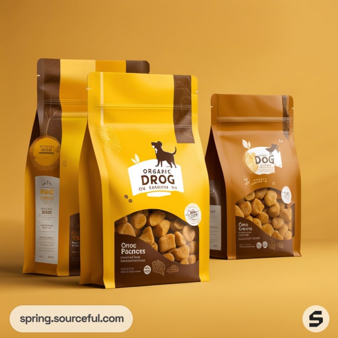 Four orange and brown resealable dog treat pouches on a yellow background.