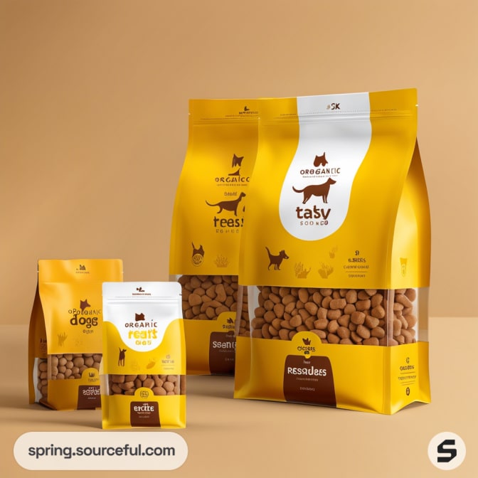 Various sized yellow and brown dog treat bags on a beige background.