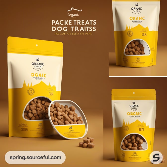 Three yellow dog treat pouches with scattered treats on a yellow background.
