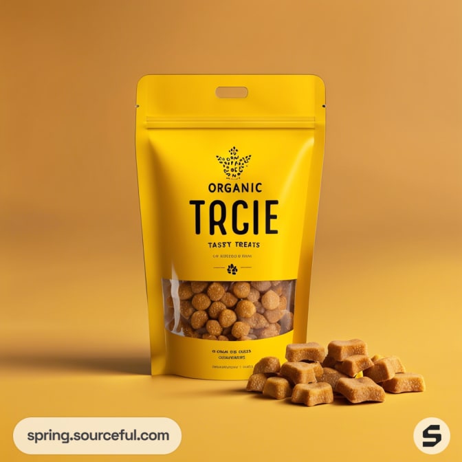 Yellow resealable pouch of dog treats with treats piled beside it on a beige background.