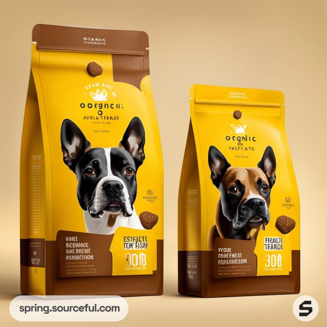 Two dog treat bags with dog illustrations on a gradient background, yellow and brown colors.