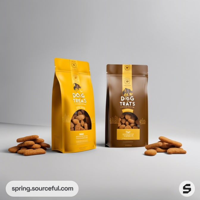 Two yellow and brown dog treat bags with scattered treats on a gray background.