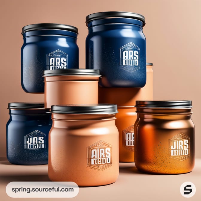 Blue and orange jars with black lids stacked against a tan background.