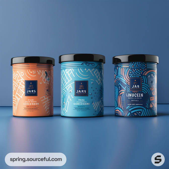 Three cylindrical jars with colorful, abstract designs on a blue background.