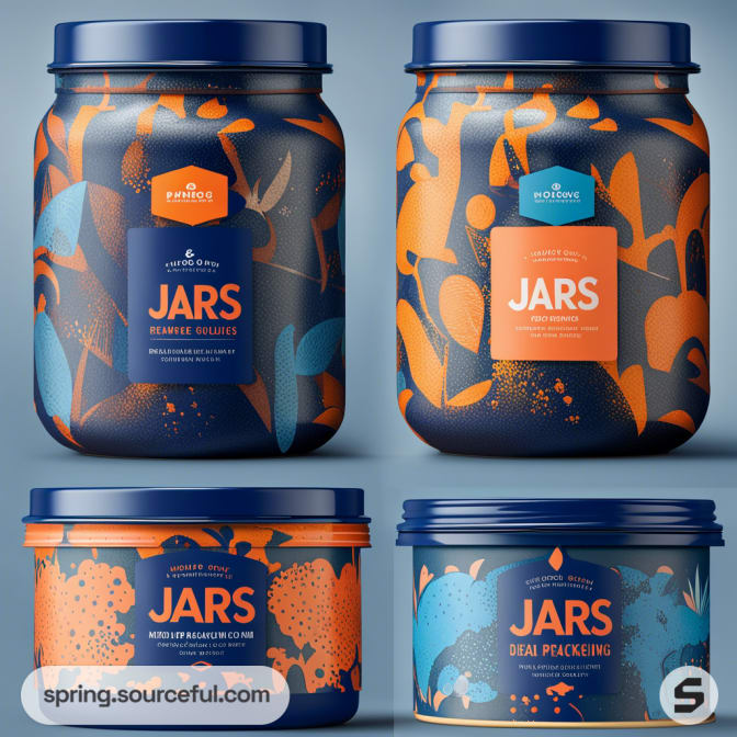 Two tall jars with blue and orange abstract patterns, labeled for pickles and fridge storage.