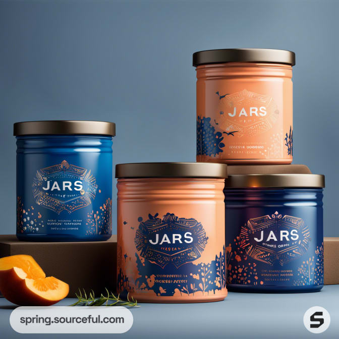 Four decorative jars with floral designs in blue and peach hues, placed on a table beside a sliced orange and herbs.