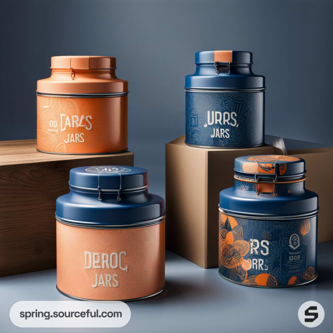 Round tin canisters in blue and orange with printed text, displayed on wooden blocks against a gray background.