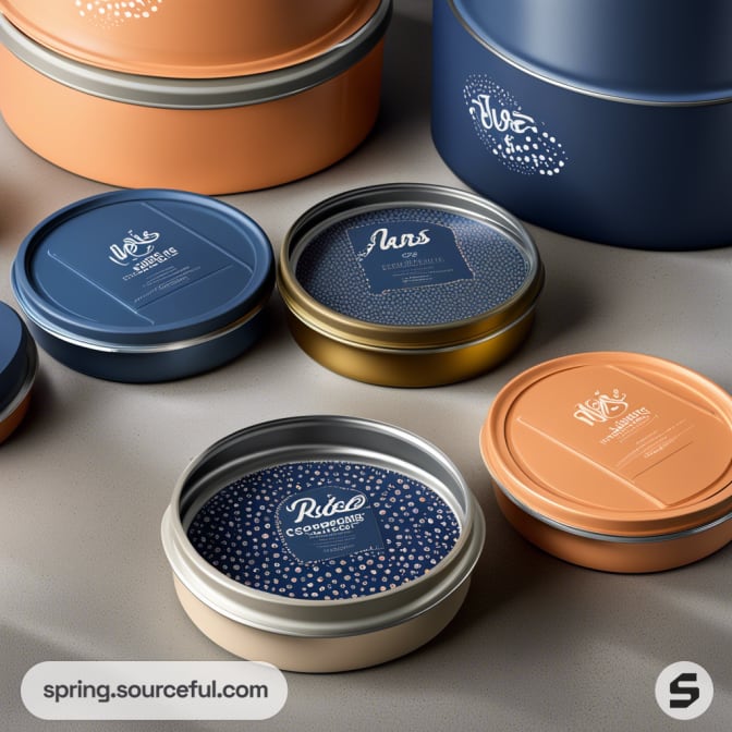 Various round containers with lids in blue and orange shades, featuring artistic patterns and text.