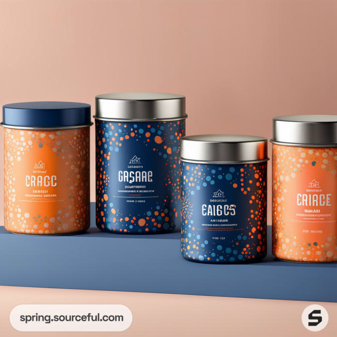 Four cylindrical containers with blue and orange dotted designs on a gradient background. Two have blue lids, two silver.