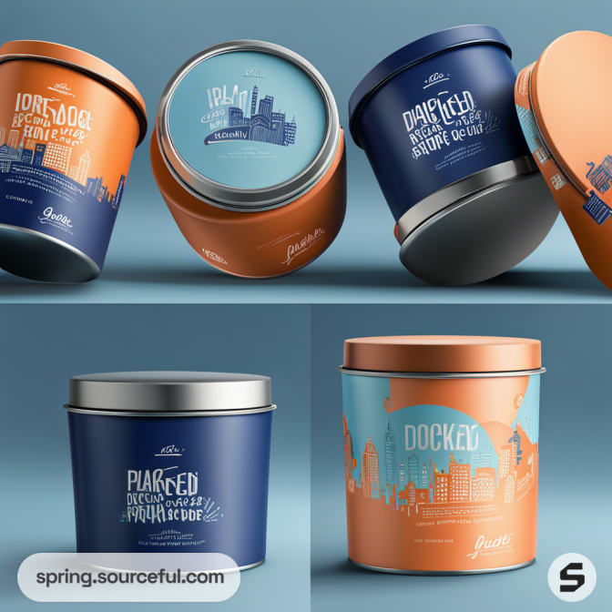 Assorted cylindrical packaging containers with blue and orange cityscape designs against a blue background.