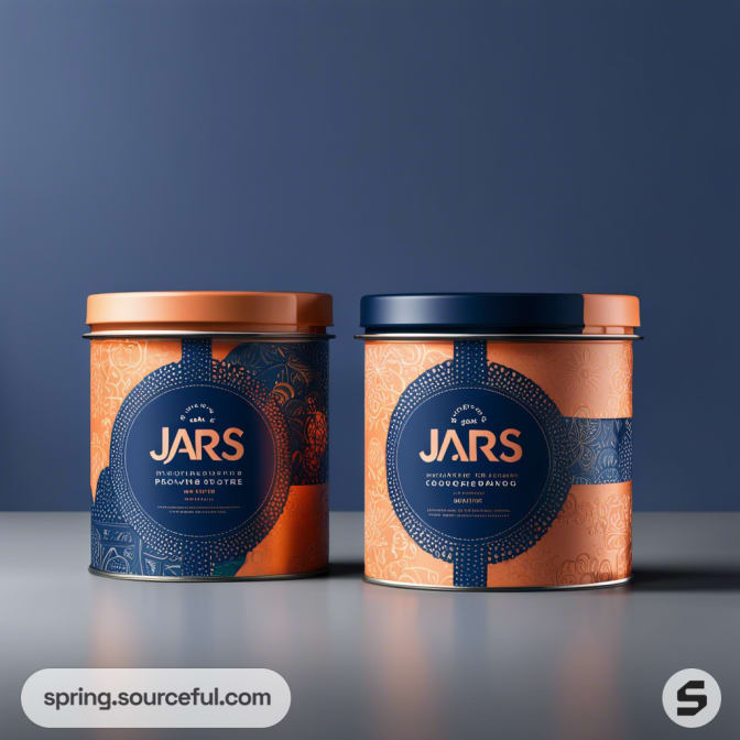 Two round jars with personalized orange and blue labels on a gradient backdrop.