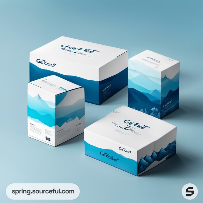 White and blue sneaker boxes with mountain design on a blue background.