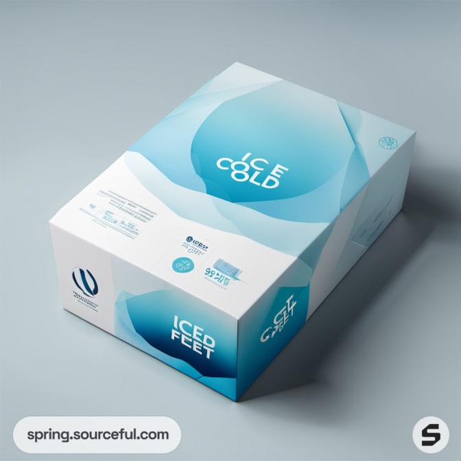 Blue-themed packaging box with abstract ice design on a light blue background.