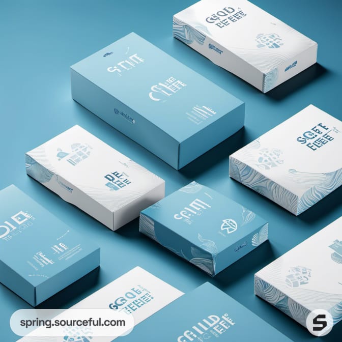 Various blue and white boxes with minimalist designs on a blue background.