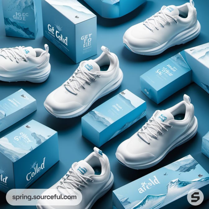 White sneakers and blue-toned boxes arranged on a blue surface.