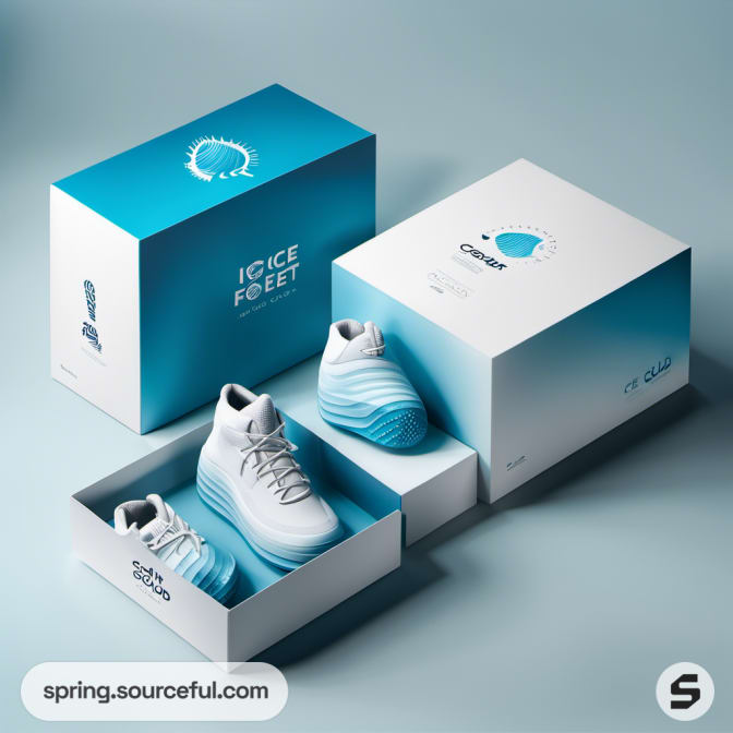 Blue and white sneaker boxes with opened packaging displaying shoes.