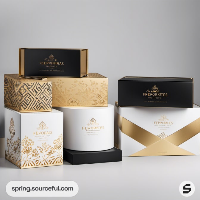 Elegant gold and black packaging boxes with intricate designs.