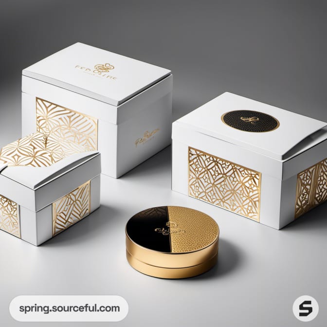 Ornate white and black gift boxes with gold accents.