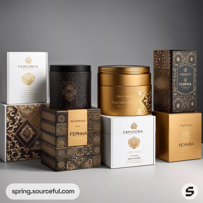 Variety of ornate gold and black cylindrical and rectangular boxes.
