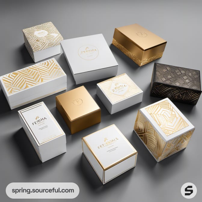 Collection of luxurious gold and white patterned boxes.
