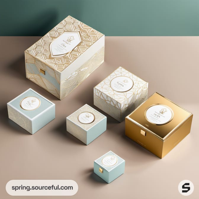 Assorted elegant gift boxes in gold and pastel shades.