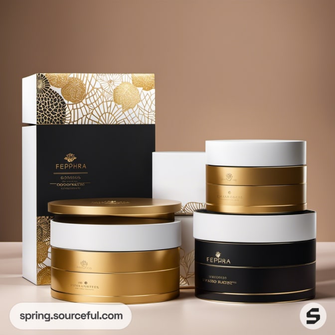 Gold and black luxurious packaging with geometric patterns.