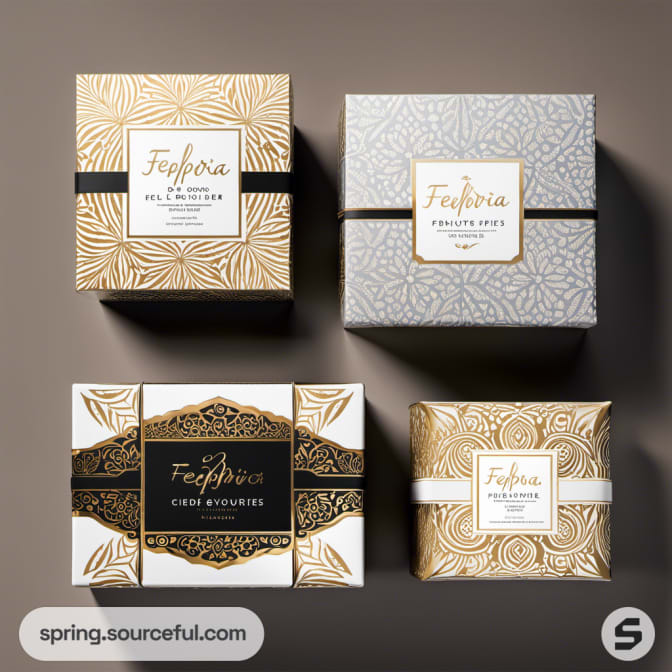 Four patterned gift boxes with gold and cream designs.
