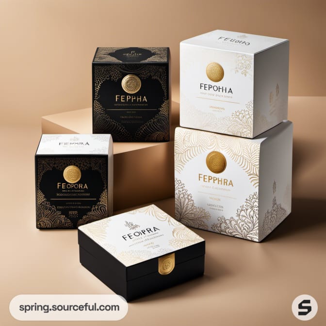 Gold and black gift boxes with intricate floral patterns.