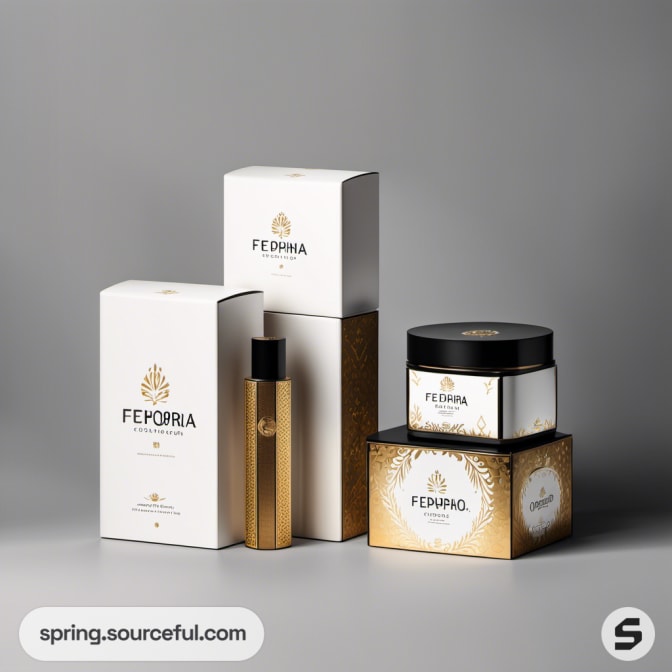 Stylish white and gold packaging products with sleek design.