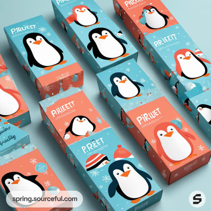 Penguin-themed rectangular boxes in teal and red with playful designs.