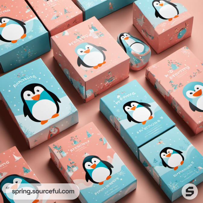 Rectangular boxes with penguin illustrations on coral and teal backgrounds.