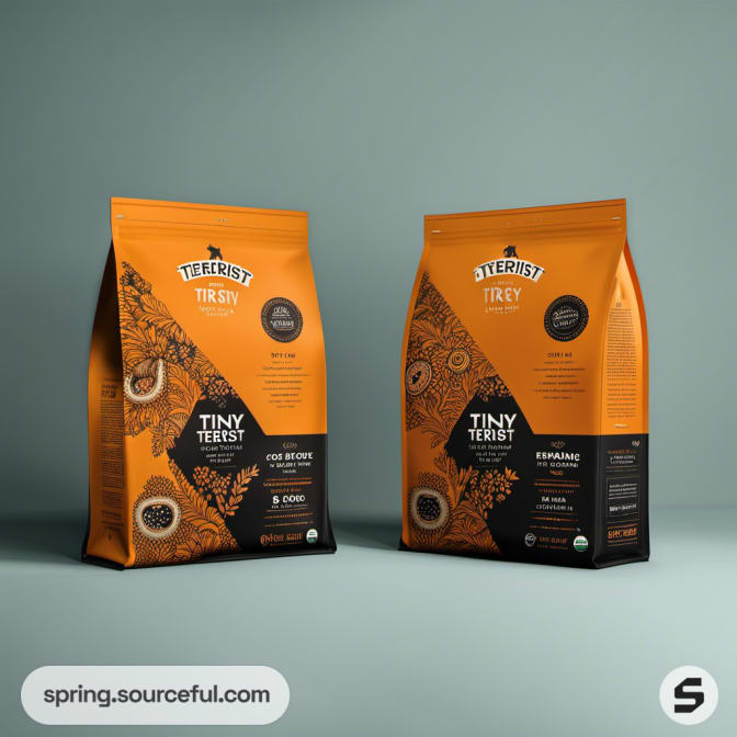 Two orange resealable dog food bags with abstract designs on a green background.