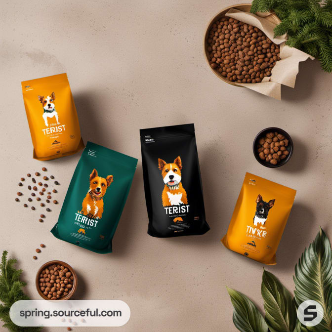 Variety of dog food bags with illustrated dogs on a textured surface.