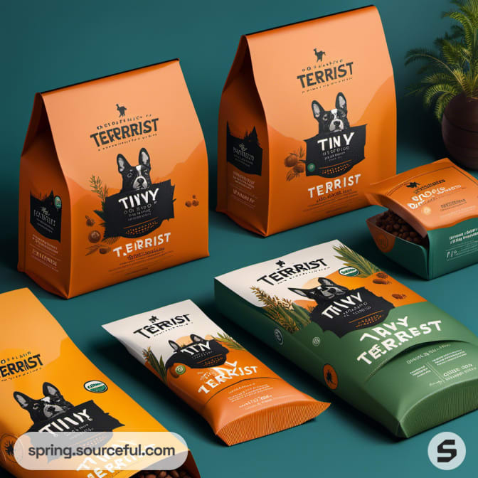 Assorted dog food packages including boxes and pouches on a teal background.