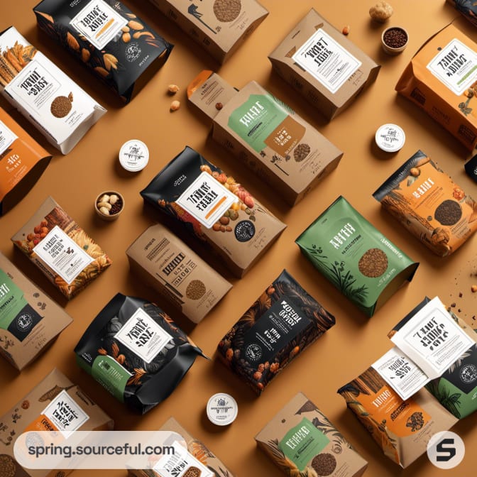 Diverse dog food packaging with eco-friendly designs on a tan background.