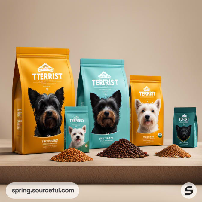 Different sized dog food bags with dog images on display.