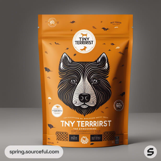 Orange resealable dog food pouch with a stylized dog illustration on a gray background.