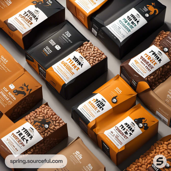 Assorted orange and black dog food packaging, viewed from above.