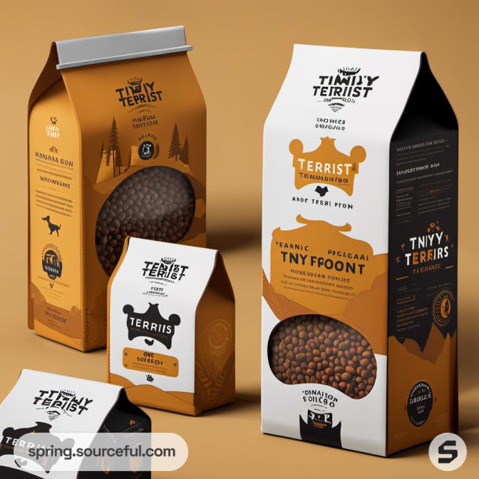 Various dog food boxes and pouches with whimsical designs.