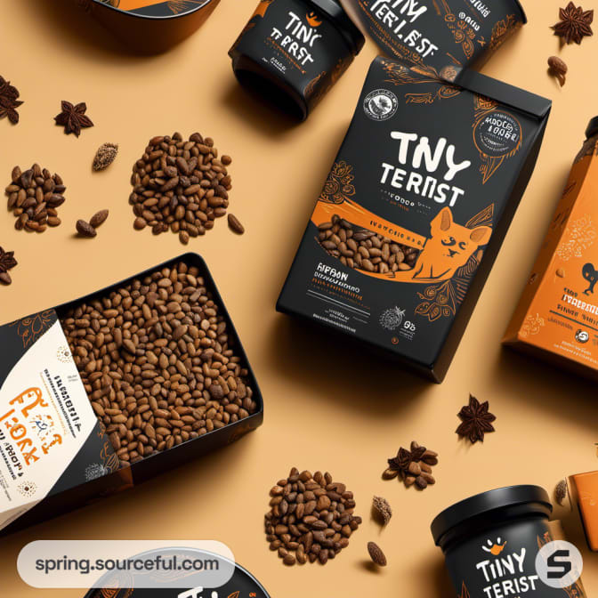 Dog food packaging featuring orange and black designs on a beige surface.