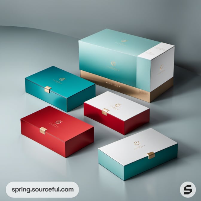 Sleek rectangular boxes with gold accents in teal and red.