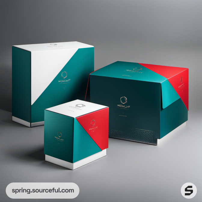 Diagonal split design on teal and red boxes against a gray backdrop.