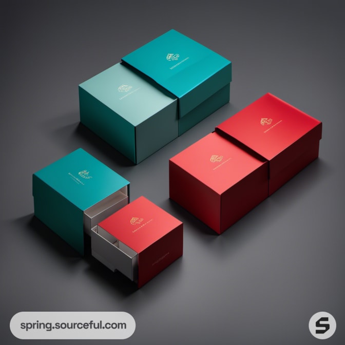 Minimalistic teal and red sliding boxes on a dark surface.