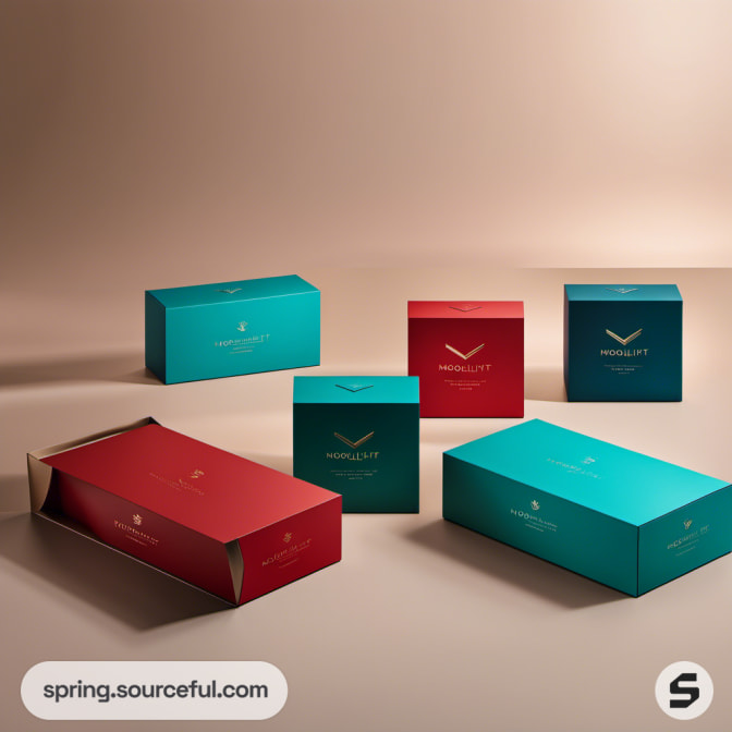 Teal and red mailer boxes in a minimalist setting.