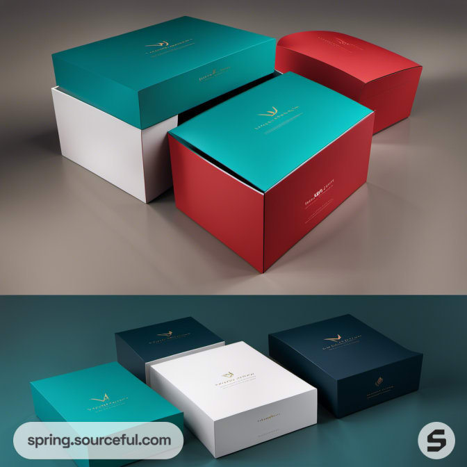 Teal and red mailer boxes layered for effect.